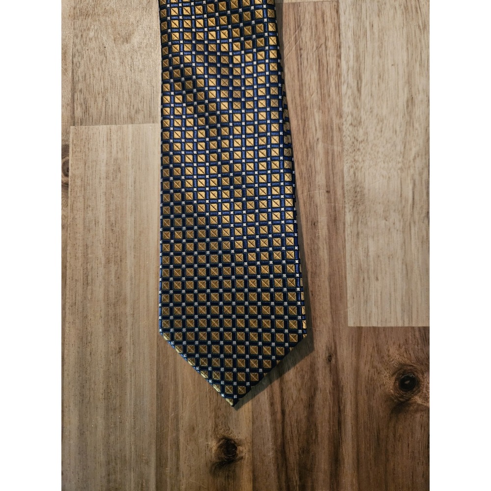 Barry Wang Men's 100% Silk Necktie Geometric Blue‎ Yellow